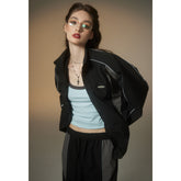 Unisex Jacket Vintage Sports Top Stitching Jacket Men and Women Loose Stand Collar Coat